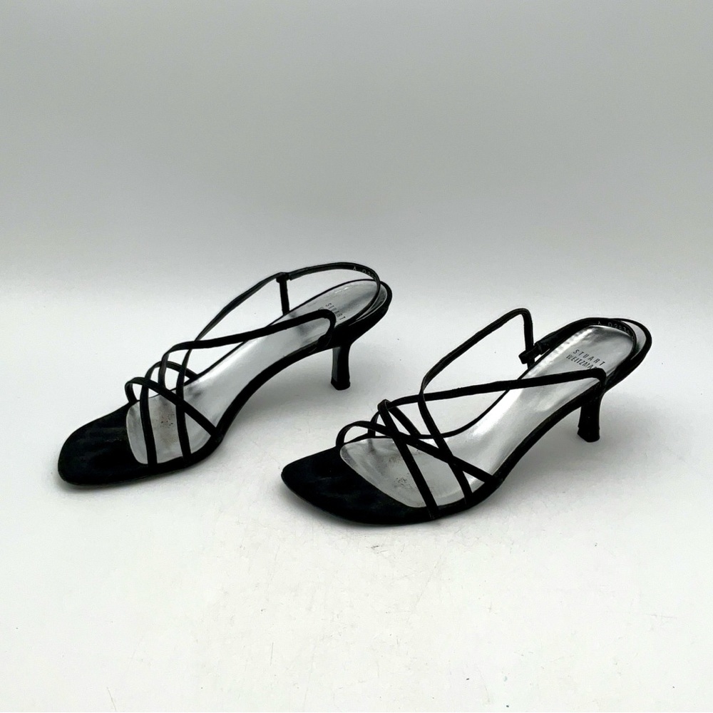 Stuart Weitzman Suspend Black Open Toe Slip-On Strappy Kitten Heel Sandals